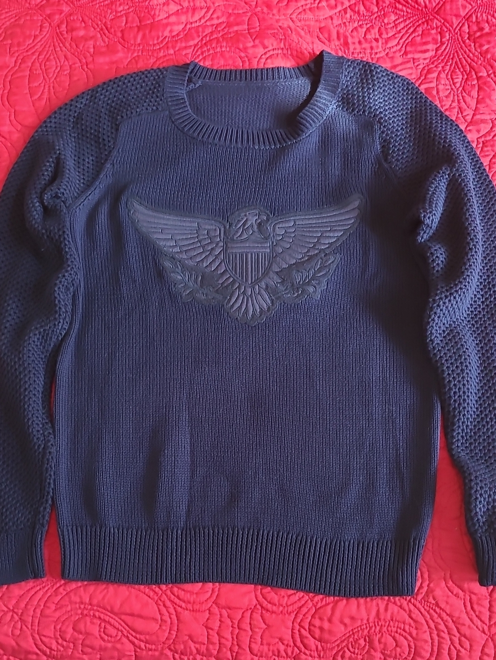 Ralph Lauren Eagle Sweater with Waffle Knit Sleeves - Patriotic Navy on Navy